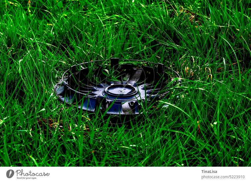 Verlorene Radkappe im Gras Radabdeckung Reifenzubehör Kfz-Zubehör verloren gelöst PKW Farbfoto Außenaufnahme