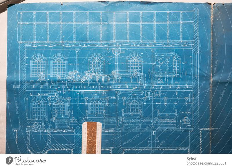 Detail einer alten Zeichnung. Papiermühle blau schließen Detailaufnahme Fabrik berühmt Erbe historisch Historie Geschichte innen Heimatmuseum Papierfabrik