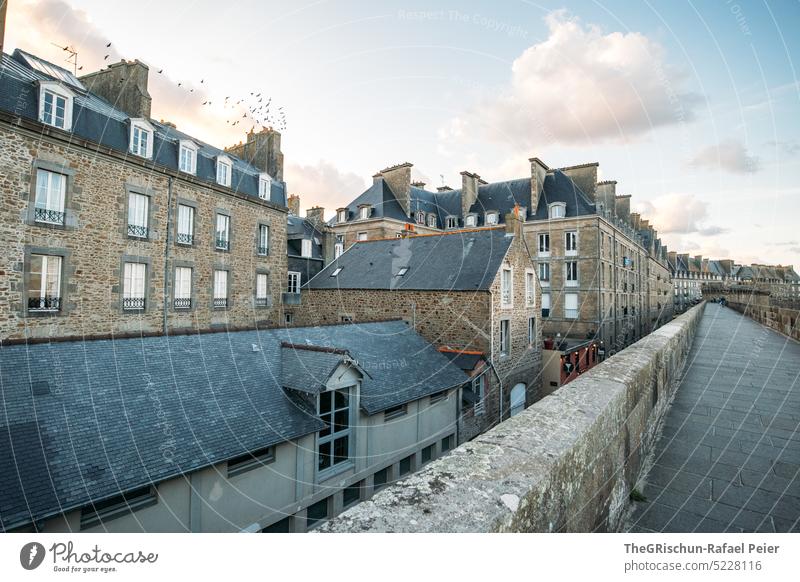 Häuserzeile mit Mauer im Vordergrund und Vogelschwarm Stadt Frankreich reisen Tourismus Bretagne Ferien & Urlaub & Reisen Landschaft Außenaufnahme Himmel