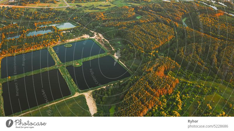 Luftaufnahme Rückhaltebecken, Wet Pond, Wet Detention Basin oder Stormwater Management Pond, ist ein künstlicher Teich mit Vegetation rund um den Perimeter, und umfasst einen permanenten Pool von Wasser in seinem Design