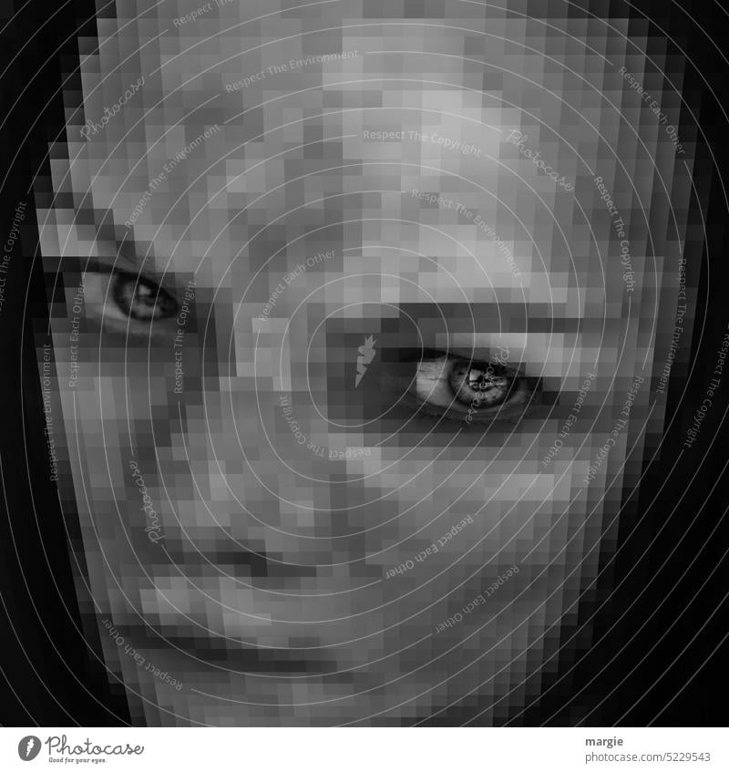 Frauengesicht mit unheimlichem Augen, verpixelt Gesicht böse Unschärfe Pixel pixelkunst Smiley Porträt Mensch beängstigend Blick Portrait Individualität