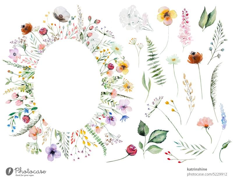Rahmen aus Aquarell wilden Blumen und Blättern, Sommerhochzeit und Gruß Illustration gemacht Geburtstag botanisch farbenfroh Dekoration & Verzierung Zeichnung