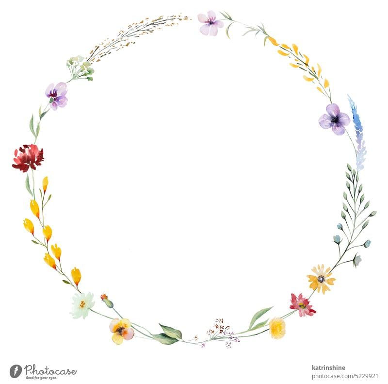 Runder Rahmen aus Aquarell wilden Blumen und Blättern, Sommerhochzeit und Gruß Illustration gemacht Geburtstag botanisch farbenfroh Dekoration & Verzierung
