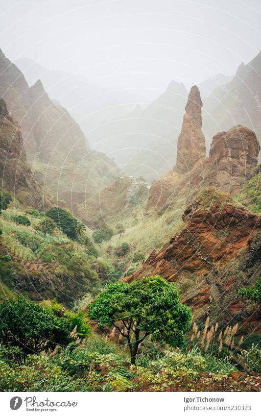 Berggipfel des Xo-Xo-Tals auf der Insel Santa Antao, Kap Verde. Viele Kulturpflanzen wachsen im Tal zwischen hohen Felsen. Trockene und erodierte Berggipfel im Sonnenlicht. Saharastaub in der Luft