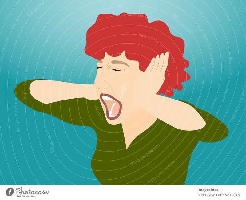 Der Schrei. Schreiende Frau mit roten Haaren, die sich ihre Ohren zuhält. Illustration schreiend Ohren zuhalten Grafik u. Illustration Dschungel emotional