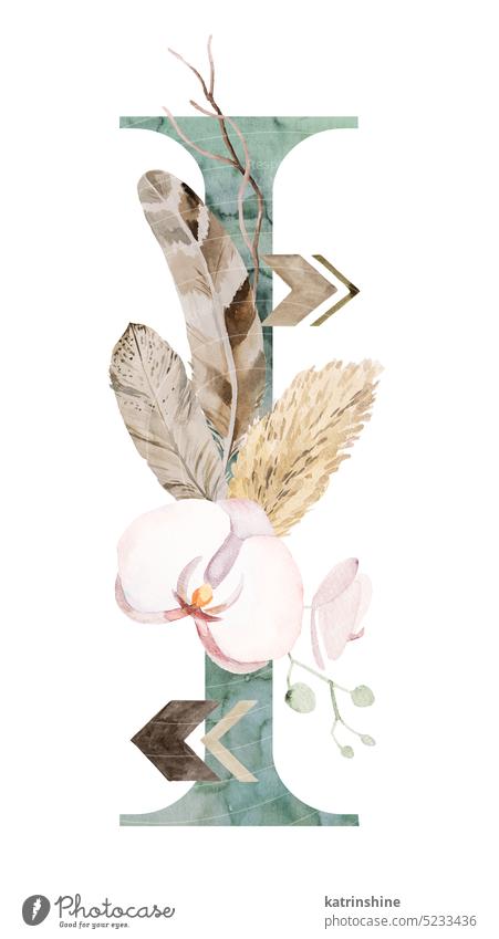 Aquarell grünen Buchstaben I mit getrockneten Blättern und tropischen Blumen Bouquet, Boho Illustration Dekoration & Verzierung exotisch handgezeichnet
