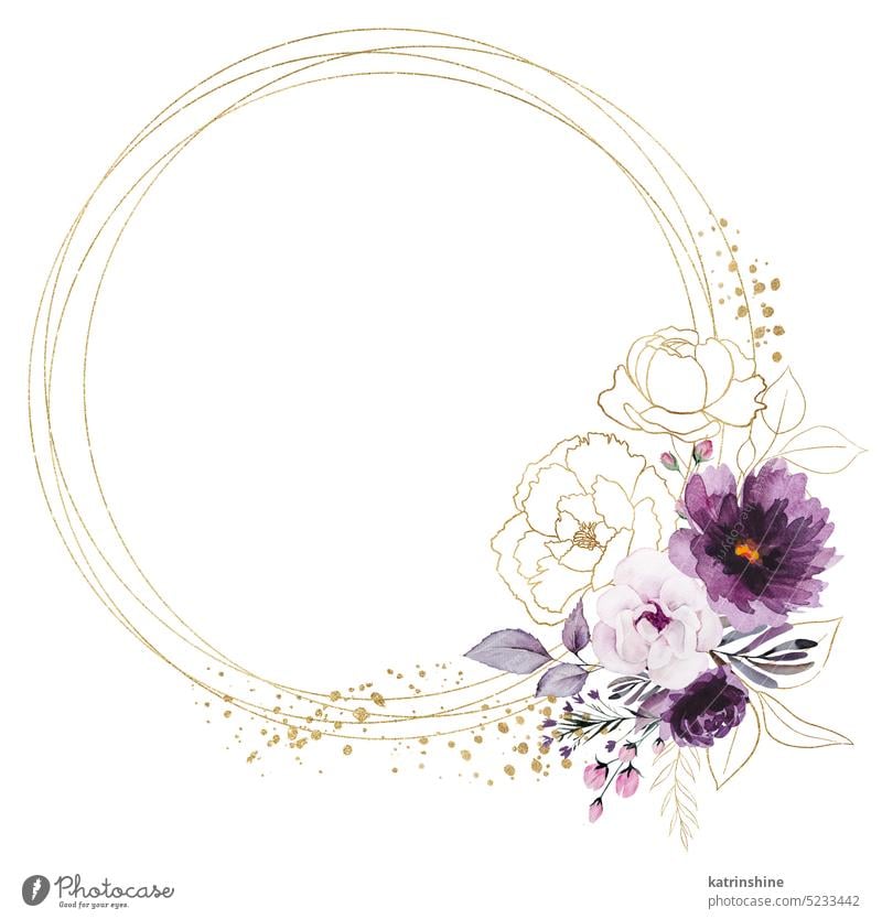 Runde goldenen Rahmen mit Aquarell lila und goldenen Pfingstrosen Blumen Illustration botanisch Dekoration & Verzierung Zeichnung Element Garten handgezeichnet