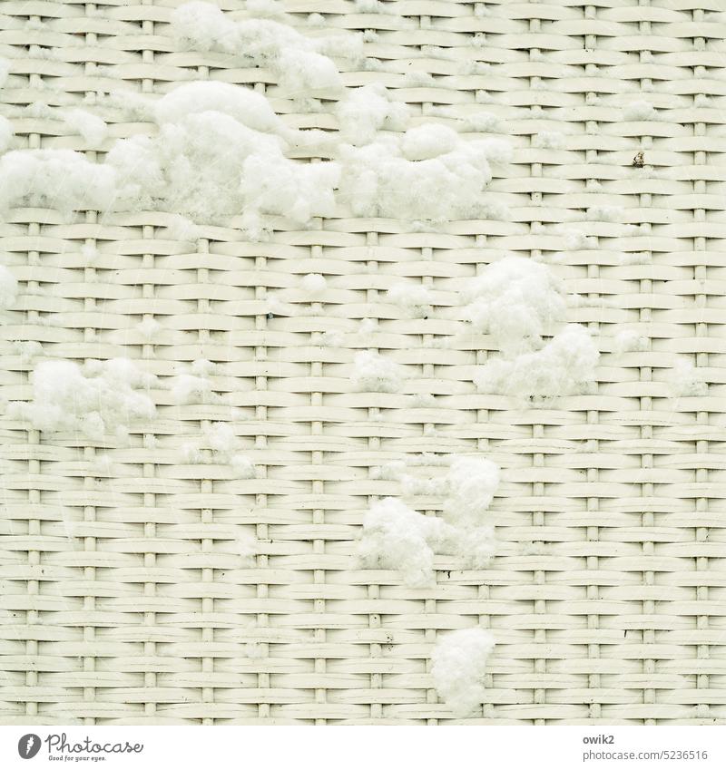 Schneemaschen Wand Geflecht Kunststoff geflochten Winter anhaften anpappen Schneereste weiß hell Muster Ordnung Strukturen & Formen Menschenleer Außenaufnahme