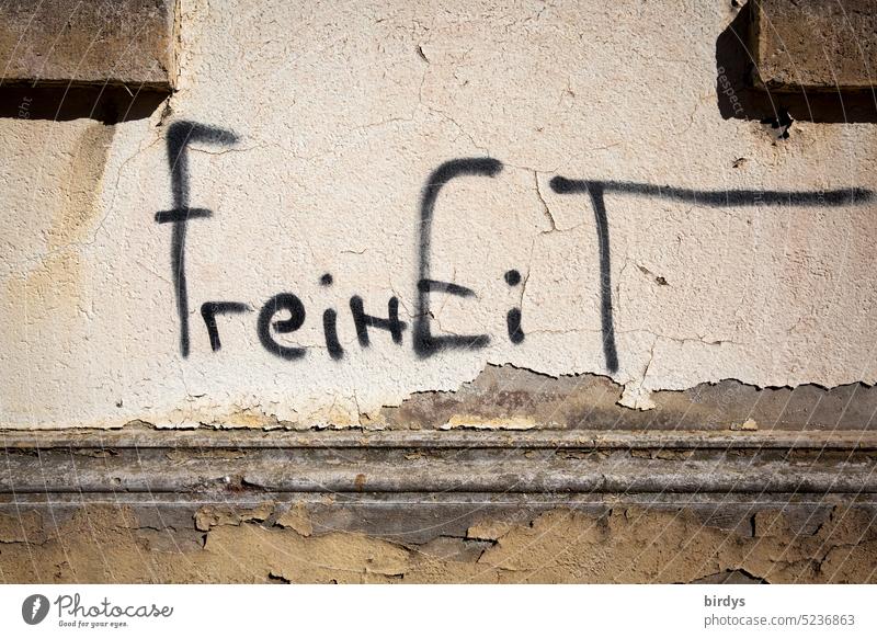 Freiheit, Graffiti auf einer alten Hausfassade freiheit Wort Schrift frei sein Typographie Fassade Schriftzeichen Begriff unabhängigkeit