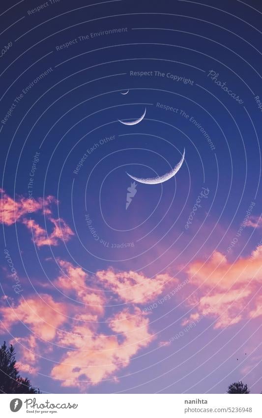 surreale und verträumte Hintergrund einer Pastellfarben Himmel mit Mond Wolken Zauberei u. Magie ätherisch sehr wenige rosa kawaii magisch Natur natürlich