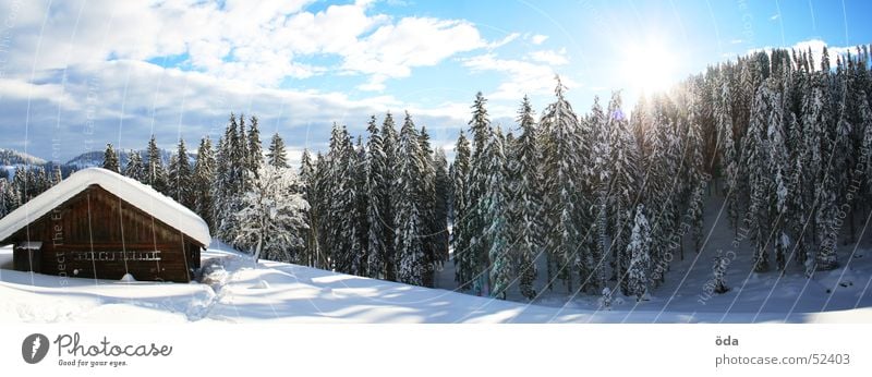 Hüttenpanorama Winter Wald Baum Schnee kalt Tiefschnee Panorama (Aussicht) Alm Sonne groß Panorama (Bildformat)