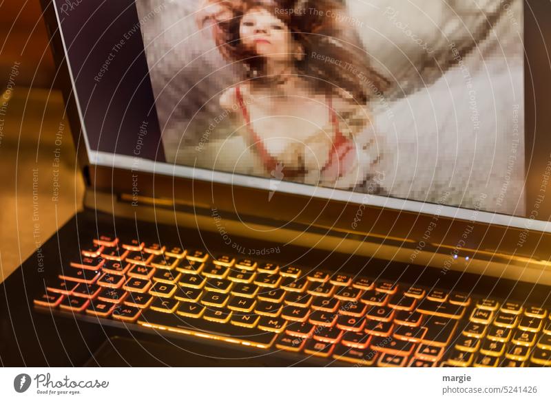 Notebook, Laptop mit sexy Frau auf dem Monitor laptop monitor Internetverbindung Computer Gerät Bildschirm online Technik & Technologie erotische Frau sinnlich