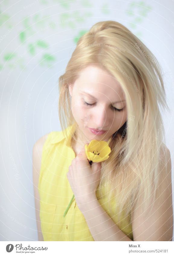 Just give a reason Mensch feminin Junge Frau Jugendliche 1 18-30 Jahre Erwachsene Frühling Blume Tulpe träumen Traurigkeit blond schön gelb Gefühle Stimmung