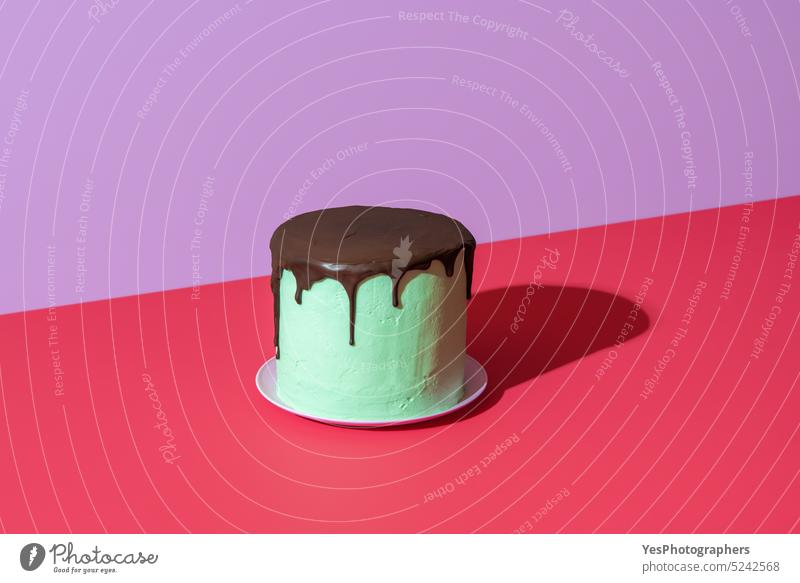 Schokoladen-Minz-Kuchen isoliert auf einem lebhaften farbigen Hintergrund Aroma Geburtstag schwarz hell Butter Buttercreme Feier Weihnachten Kakao Farbe
