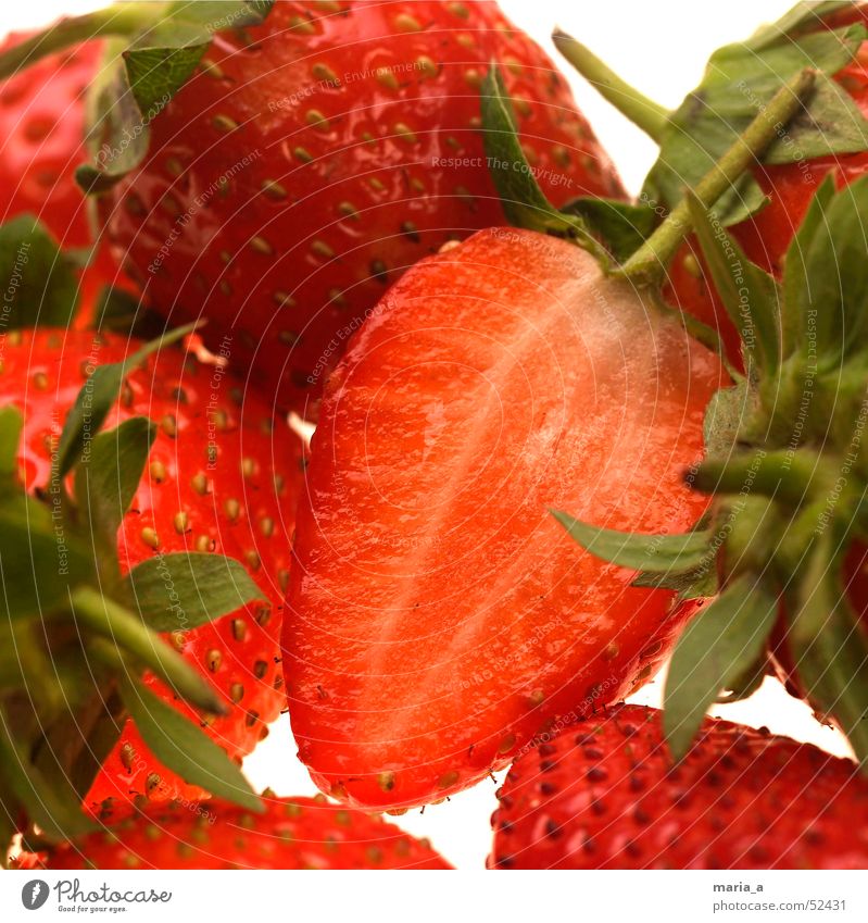Erdbeeren fruchtig Gesundheit Blatt grün rot Kerne Vitamin Frucht satig gesünder querschnitt Beeren