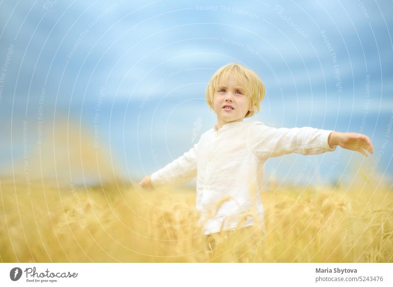 Beten Sie für die Ukraine. Kind ist auf dem Hintergrund der bly Himmel und gelben Weizenfeld. Hintergrund haben Farben der ukrainischen Flagge. Konzepte des Friedens und der Unabhängigkeit.