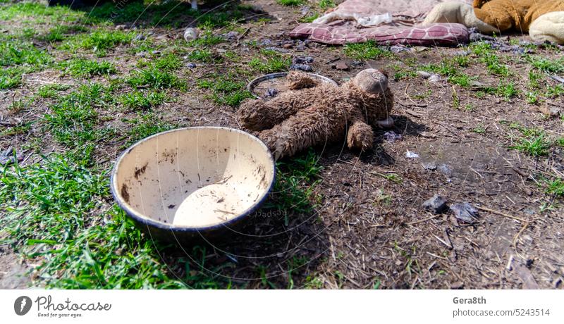 schmutziges Spielzeug in einer verlassenen Stadt in der Ukraine donezk Kherson kyiv Lugansk mariupol Russland Saporoschje aussetzen gesprengt Bombardierung