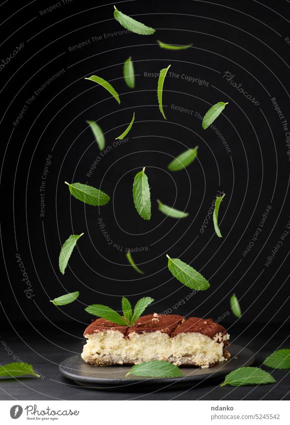 Ein Stück Tiramisu mit Kakao bestreut, fliegende grüne Minzblätter über dem Dessert tiramisu süß Schokolade Sahne Lebensmittel niemand Portion selbstgemacht
