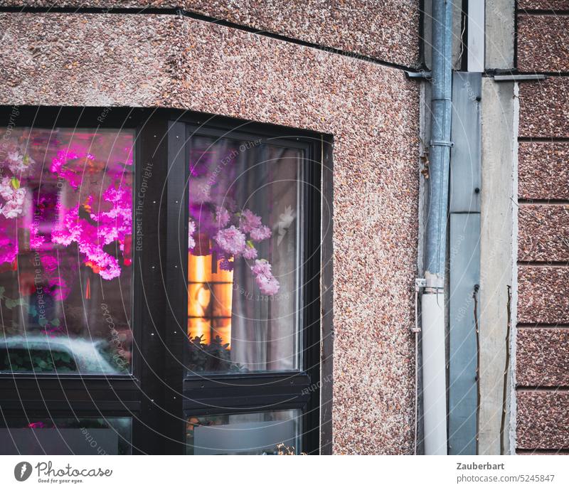 Eckfenster mit leuchtend violetten Kunstblumen in Plattenbau, vertikal geziert mit Regenrinne Blume asia Plattenbaau Detail Restaurant kurios Dekoration