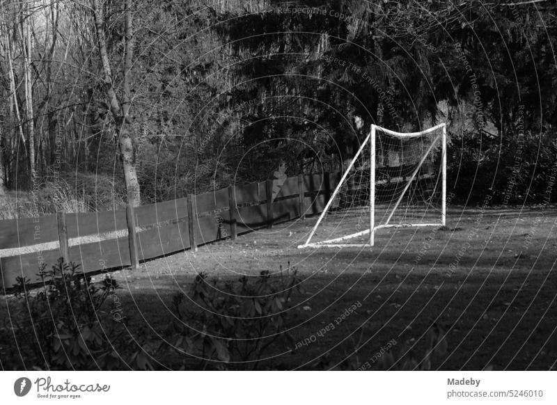 Fußballtor auf grünem Rasen in einem Garten im Frühling bei Sonnenschein am Waldrand in Oerlinghausen bei Bielefeld am Hermannsweg im Teutoburger Wald in Ostwestfalen-Lippe in neorealistischem Schwarzweiß