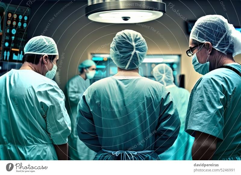 Unerkennbare weibliche Chirurgin mit ihrem medizinischen Team sucht Gesundheitsinformationen auf HUD-Bildschirm im Operationssaal. Futuristisches Medizintechnik-Konzept. Generative KI.
