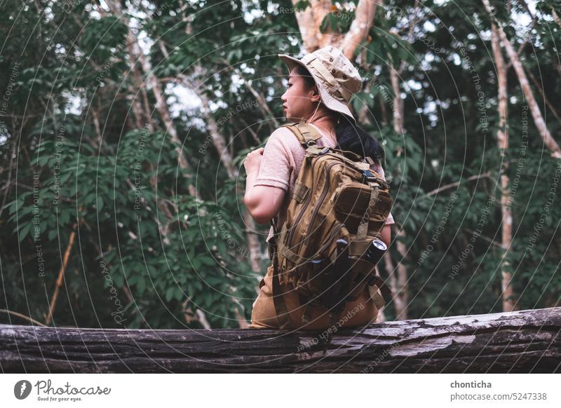 Rückenansicht einer Frau mit Rucksack, die auf einem Baumstamm im tiefen Wald sitzt Aktivität Erwachsener Abenteuer Backpacker schön hinten schwarz Aufstieg