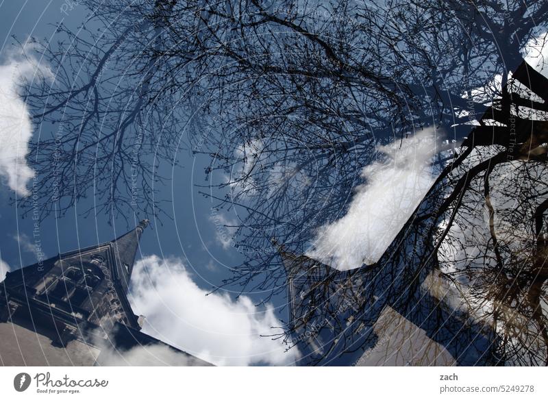 Froschperspektive | Chaos Doppelbelichtung Himmel Haus Gebäude Baum Wolken Turm Äste Äste und Zweige Zweige u. Äste Natur Winter kahl Herbst