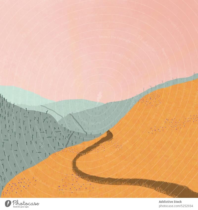 Illustration von grünen und gelben Bergen unter rosa Himmel Hügel Weg Berge u. Gebirge Blütezeit Blume Natur Grafik u. Illustration Vektor Vorlage Landschaft