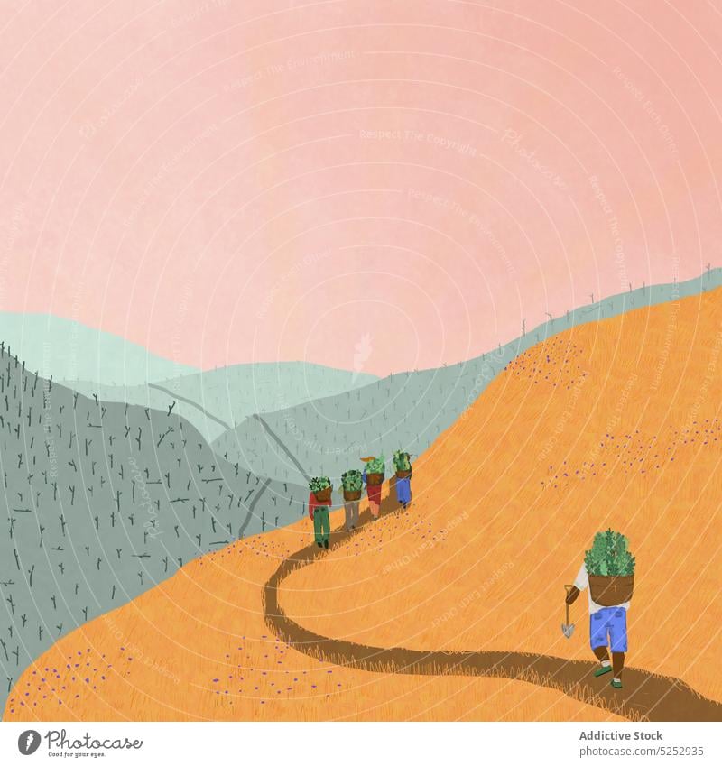 Illustration von Arbeitern, die während der Erntezeit auf einem Pfad in einer bergigen Landschaft gehen Menschen Spaziergang Berge u. Gebirge Landwirt Weg