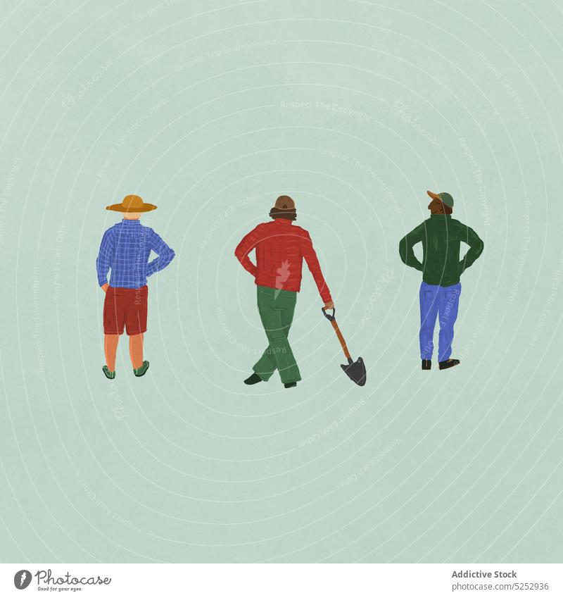 Vektor-Bild der Männer bewundern die Natur nach der Arbeit in blauem Hintergrund Ackerland Landwirt Berge u. Gebirge Garten Grafik u. Illustration Vorlage