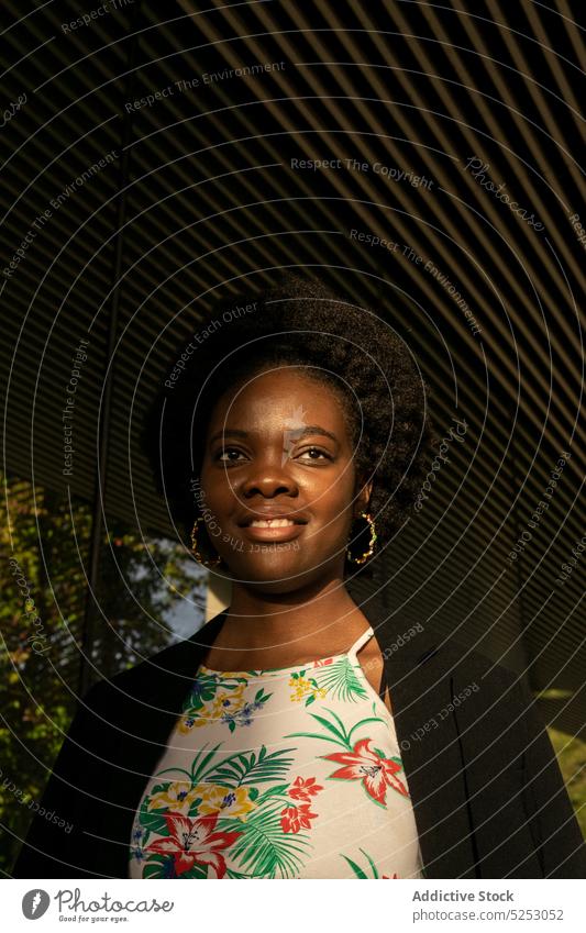 Lächelnde Afroamerikanerin in der Nähe eines Gebäudes Frau positiv Stil Afro-Look Accessoire Dach urban modern Frisur heiter jung schwarz ethnisch Glück
