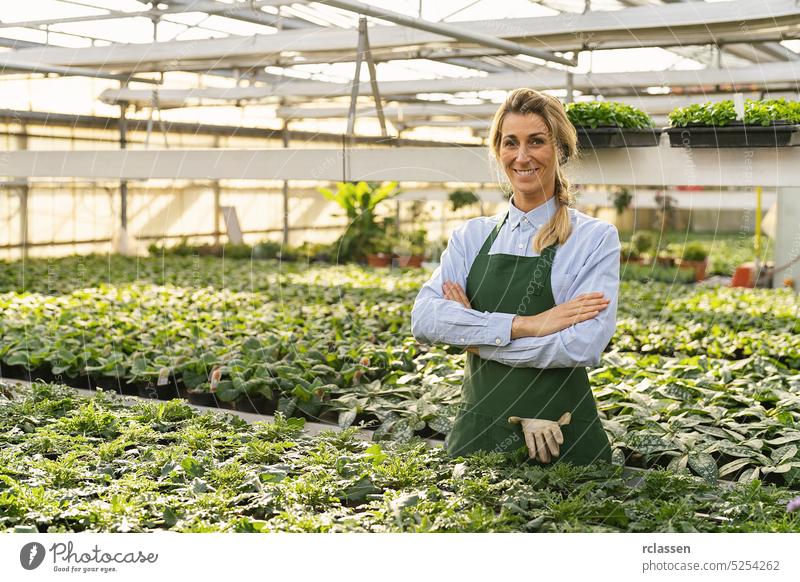 weiblicher Florist posiert in seinem Gartencenter umgeben von Grünpflanzen und lächelt mit verschränkten Armen in die Kamera Topf Gewächshaus pflücken weiß