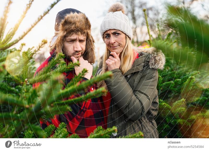 Ein Paar schaut skeptisch, welchen Weihnachtsbaum es beim Weihnachtsbaumverkauf inmitten von Tannenbäumen kaufen soll Auswahl wählen Kiefer Weihnachten Frau
