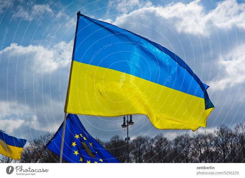 Ukraine solidarität antikriegsbewegung protest ukraine sonne frühling wolke wehen himmel wind demonstration europafahne identität nationalität hoheitszeichen
