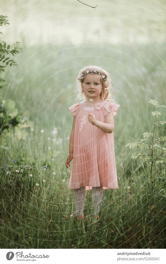 Kleines süßes Mädchen in einem rosa Kleid und einem Blumenkranz auf dem Kopf geht im Sommer im Wald spazieren Lifestyle Frühling Frau Porträt Kaukasier Kindheit