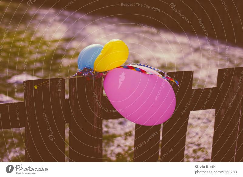 bunte Luftballons an einem Holzzaun befestigt mehrfarbig Farbfoto Freude Feste & Feiern Menschenleer Geburtstag Party Fröhlichkeit Dekoration & Verzierung