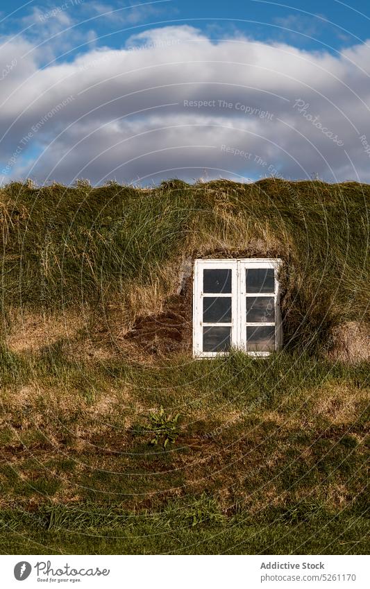 Fenster eines isländischen Torfhauses Außenseite Gebäude ländlich Natur Cottage Landschaft Dach Gras verweilen wolkig Island Himmel grasbewachsen Konstruktion