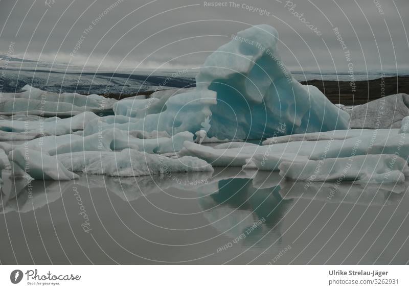Eisberg mit Spiegelung in einer Gletscherlagune Eisberge Gletscherschmelze Gletschereis Eisformationen Klimawandel blau weiss grau eisigkalt eisige Kälte Frost