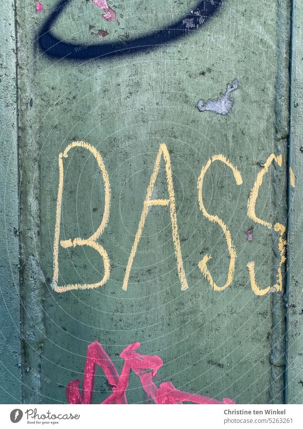 BASS Graffito Bass Schrift Schriftzeichen Musikinstrument Wort Fassade Schmiererei Typographie Kreativität Wandmalereien Subkultur Text Buchstaben trashig