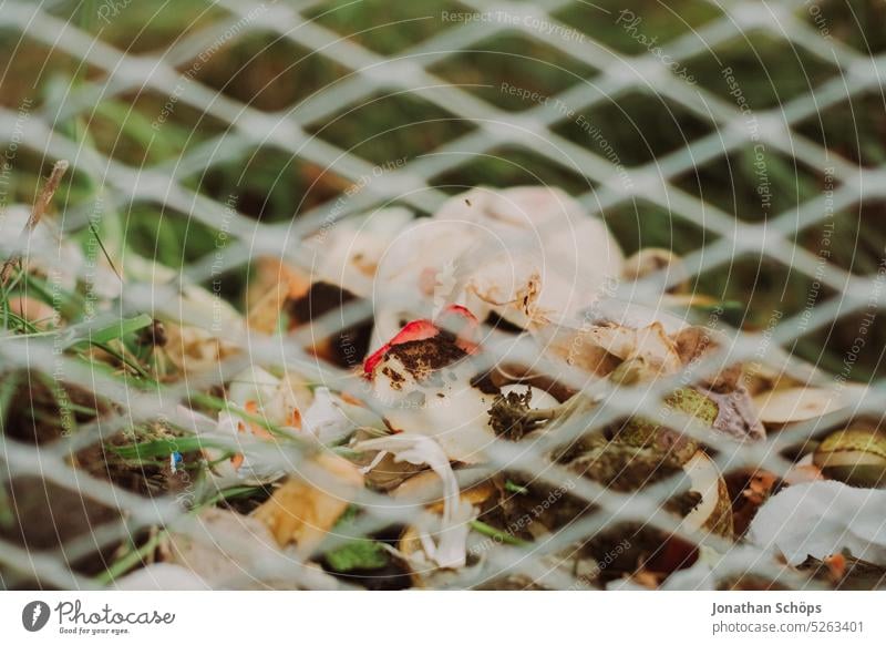 Kompost hinter Gittern im Garten Kompostierung Metallgitter Komposthaufen Essensreste Schnittreste ökologisch ökologie Kreislauf Außenaufnahme Ökologie
