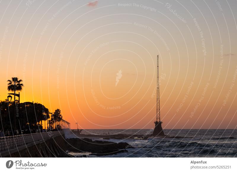 Spuren | von Bewölkung Sonnenuntergang Abenddämmerung Abendrot Meer Mittelmeer Horizont Wellen Palme Wasser Dämmerung Leuchtturm Außenaufnahme