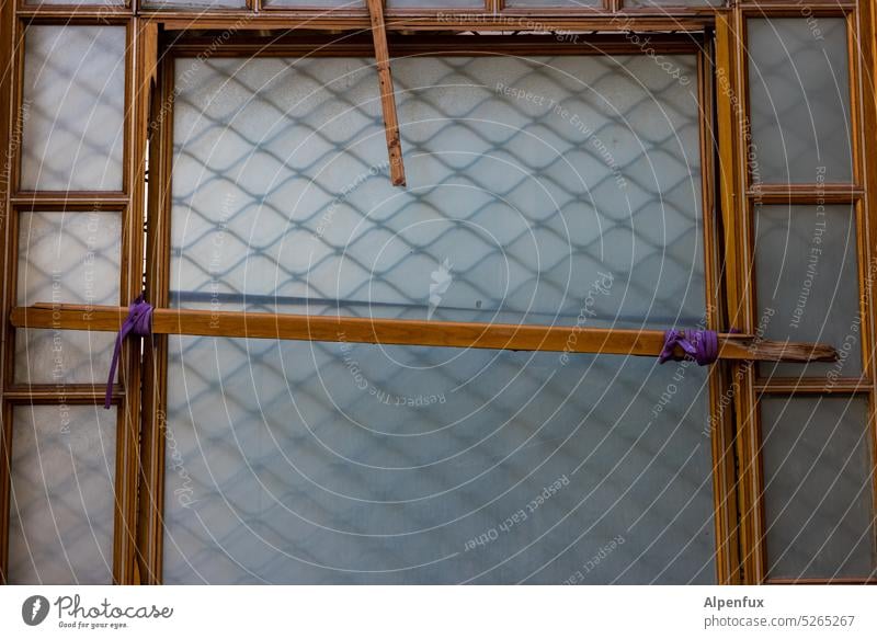 defektes Fenster gesichert kaputt Vergänglichkeit Vandalismus Zerstörung Holzfenster Schaden Fensterscheibe Gitter Glasscheibe provisorium provisorisch