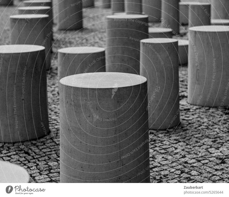 Graue runde Betonpoller bilden ein Muster auf Kopfsteinpflaster Poller grau Pflaster Pflastersteine Straßenpflaster Kunst Gruppe Gruppierung kreisrund Kreise
