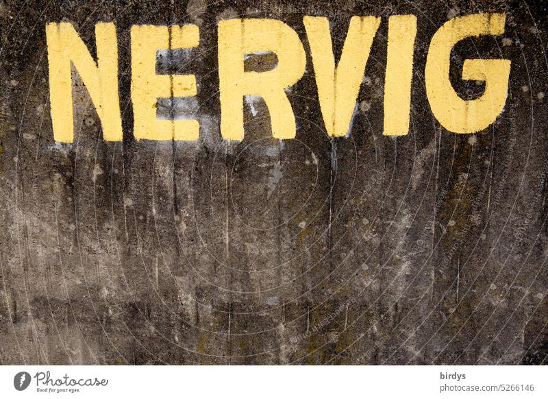 NERVIG, gelbe Aufschrift auf schmutziger Betonmauer Nervig genervt Frustration nervig Belästigung Ärger Steuererklärung Verkehr Lärm Baustelle Gefühle