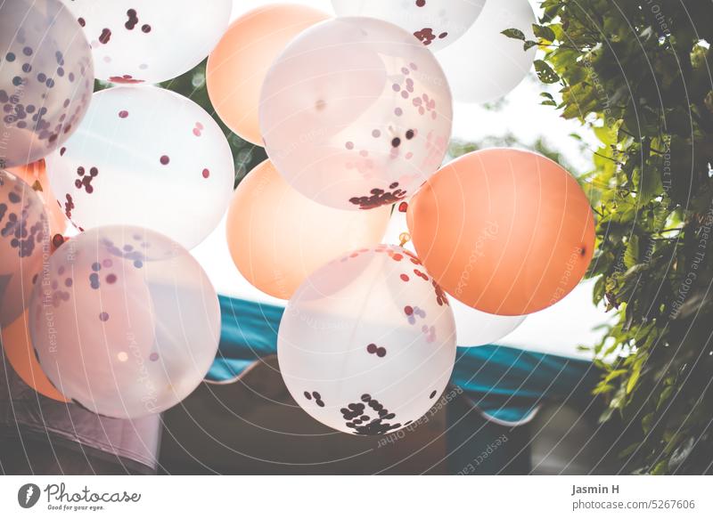 Luftballons Freude Geburtstag Feste & Feiern Party Fröhlichkeit Dekoration & Verzierung Menschenleer Farbe Farbfoto Tag Vorfreude weiß roséfarben Außenaufnahme