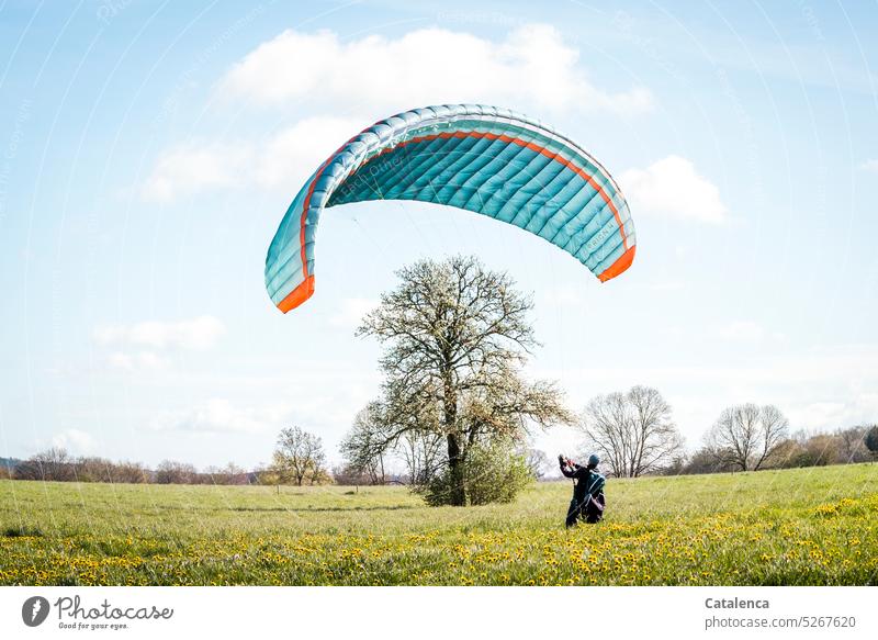 Paraglider trainiert am Boden mit seinem Schirm; Groundhandling Natur Frühling Landschaft Flora Gleitschirm Training üben Bodentraining Fitnesstraining