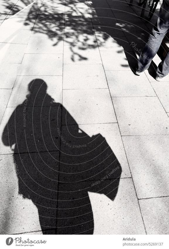 Schatten auf den Gehwegplatten Menschen Boden Steine Furchen Beine Jeans Baum Sonne Schattenwurf Asphalt grau Straße Wege & Pfade Pflastersteine Stadt