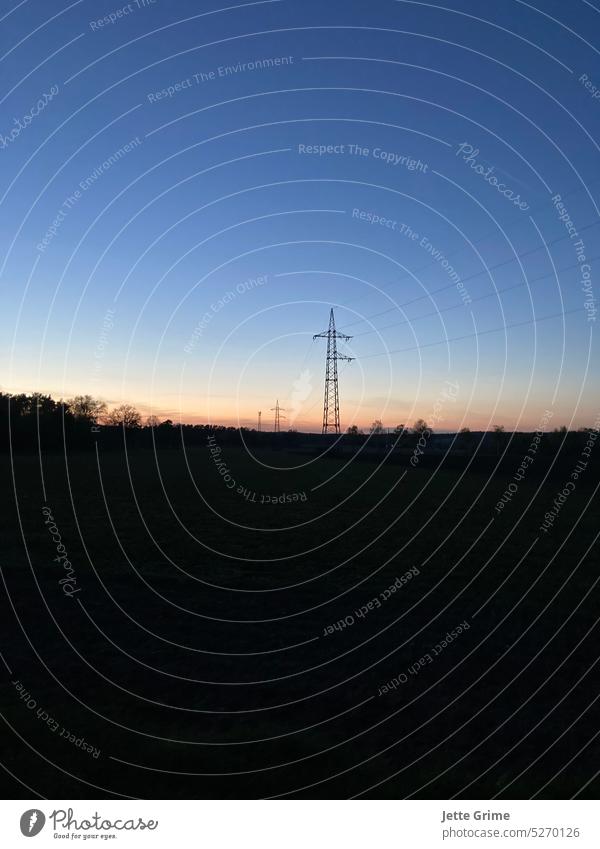 Sonnenuntergang auf dem Feld Natur Licht Lüneburger Heide Landschaft Strommast Farbfoto Baum Himmel blau Deutschland Außenaufnahme Menschenleer