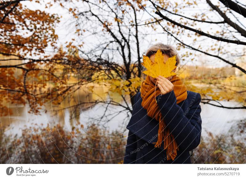 Gesichtsloses Porträt einer kurzhaarigen Blondine im Herbst im Park Frau versteckend verdunkelt deckend vor Ahorn Blätter umgefallene Blätter kühl herbstlich