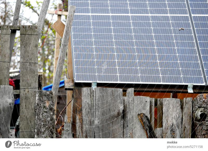 Solarmodul hinterm Bretterzaun solarpanel Zaun Grundstück privat Balkonkraftwerk regenerative energie Sonnenenergie Solarzellen Photovoltaikanlage Solarenergie